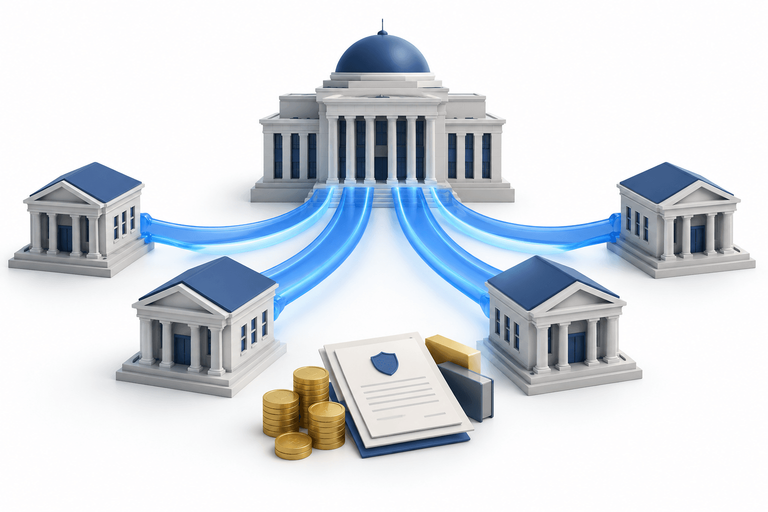 Concept illustration of RBI liquidity support flowing from a central institution to banks.