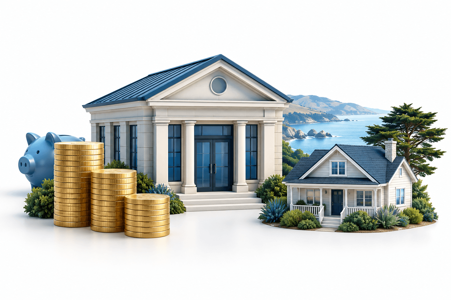 Concept illustration of a community bank, deposits and residential lending representing Bank of Marin earnings.