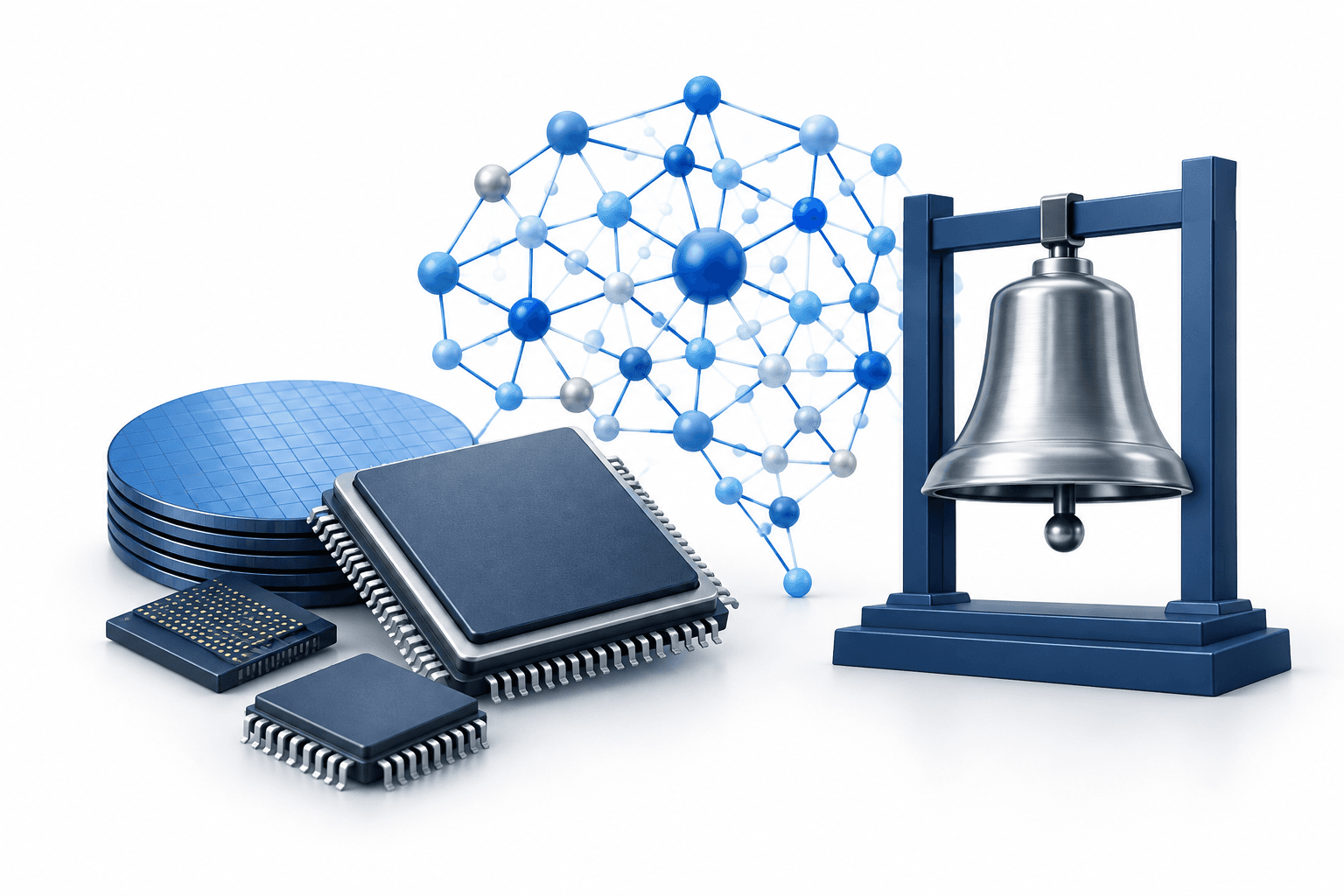 Concept illustration of Asian chip stocks featuring semiconductor chips, AI network nodes and an exchange bell.