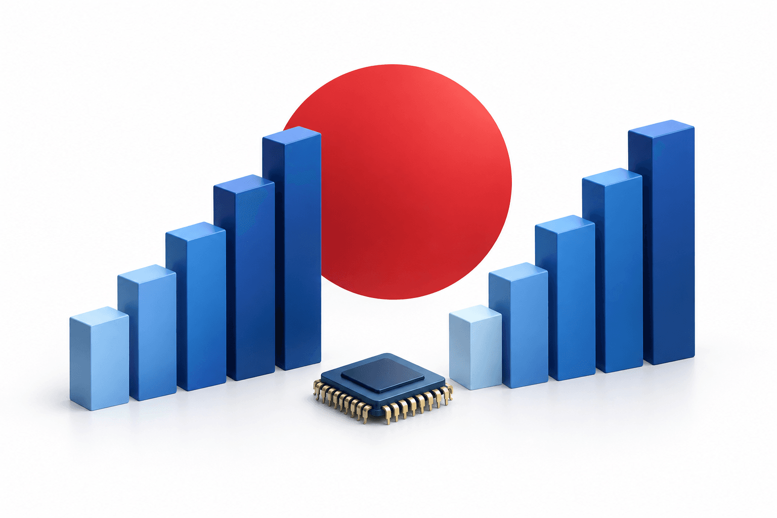 Concept illustration of Japanese stocks and AI technology using geometric columns, a silicon chip and a red sun motif.