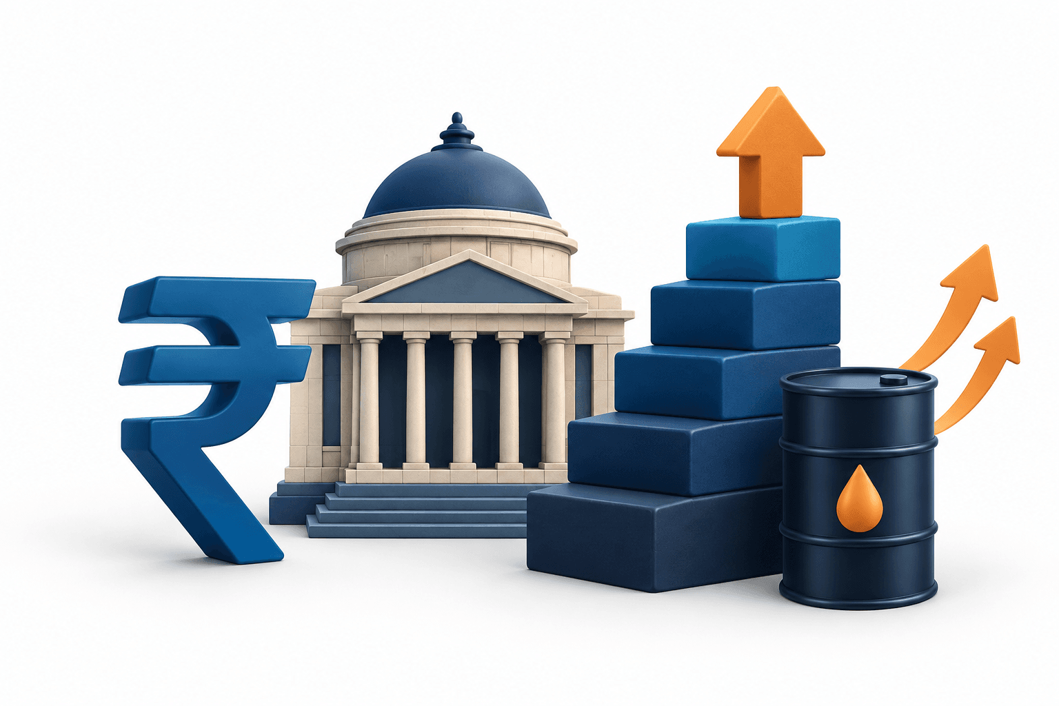 Concept illustration of the RBI repo rate outlook with a rupee symbol, central bank form and oil barrel.