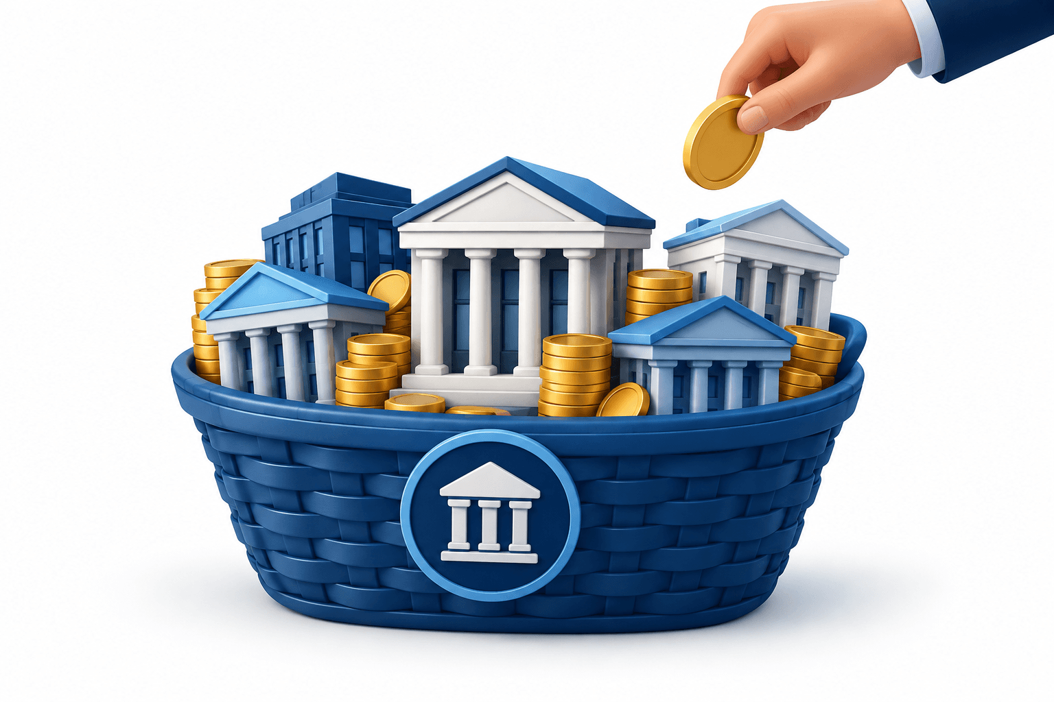 Illustration of coins added to a basket of bank buildings representing the KBWB ETF