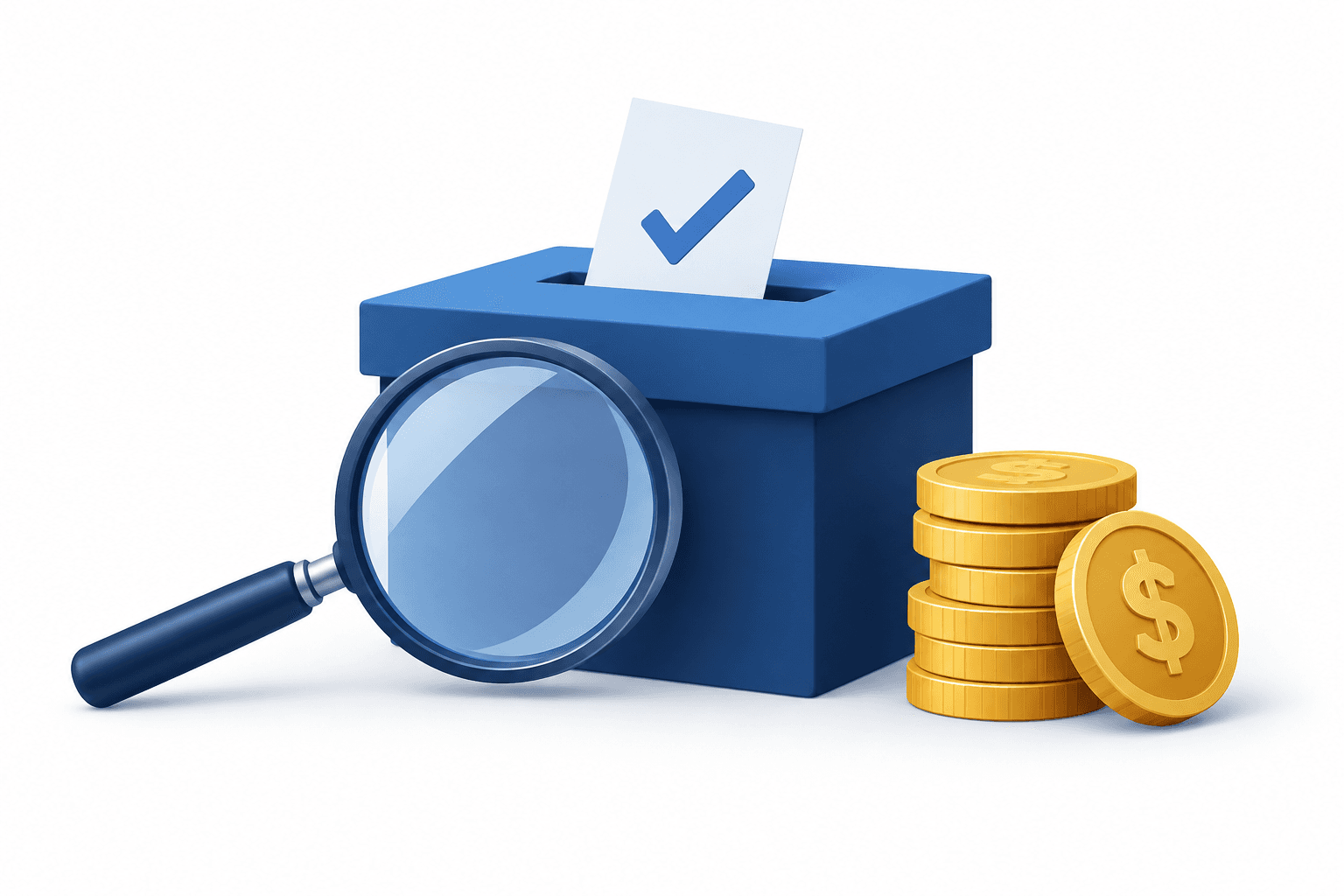 Illustration of a ballot box, magnifying glass and coins representing the voter fraud reward