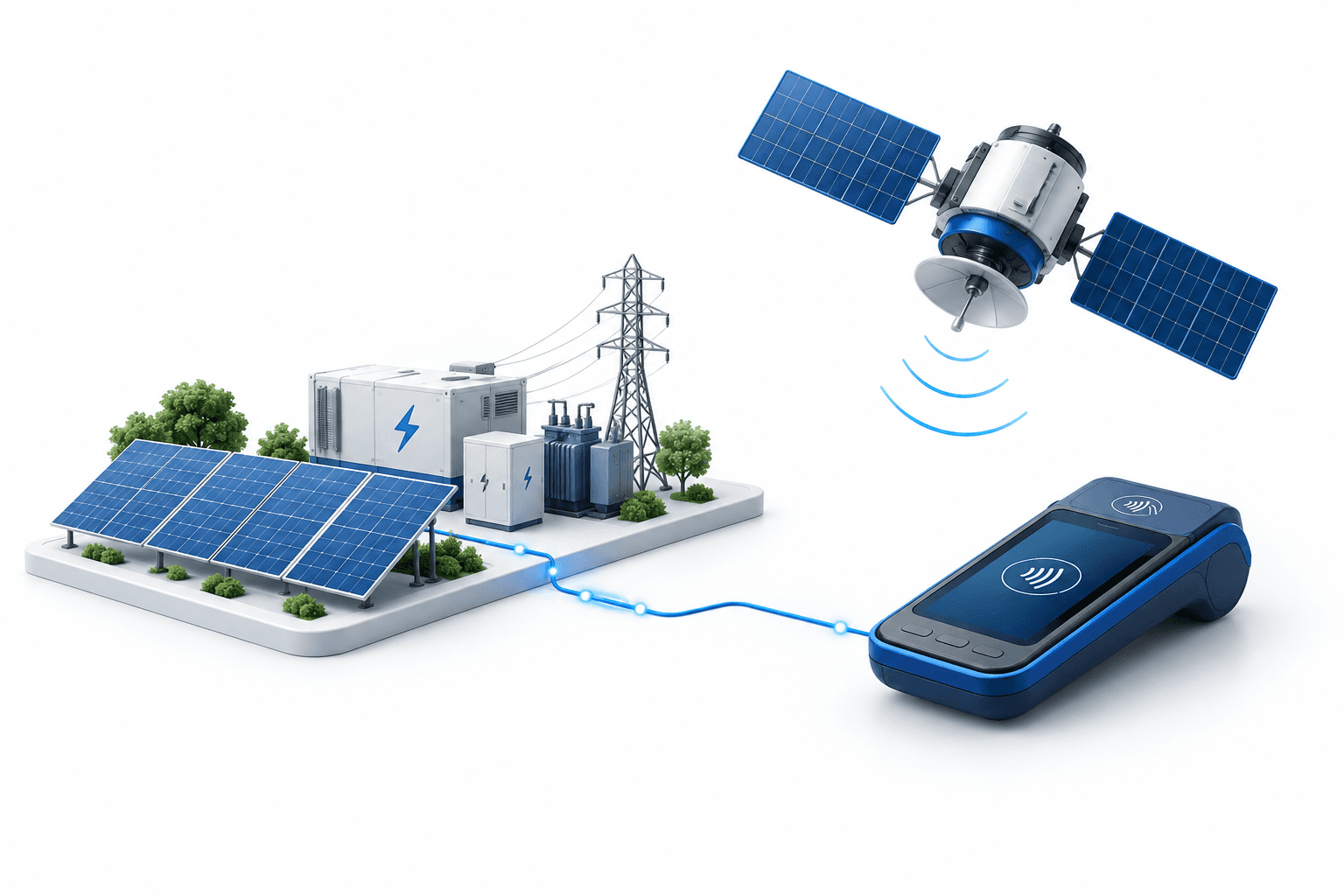 Concept illustration of Hitachi India R&D themes: an energy grid, autonomous satellite and payment device