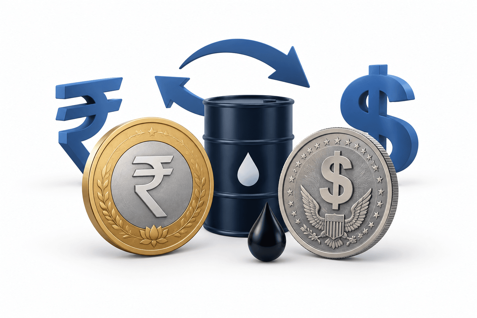 Illustration of rupee and dollar coins with an oil barrel representing the rupee exchange rate