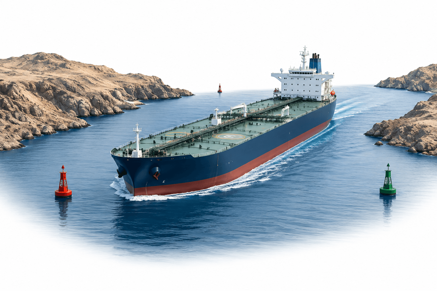 Concept illustration of a tanker in a narrow waterway representing Hormuz ship attacks