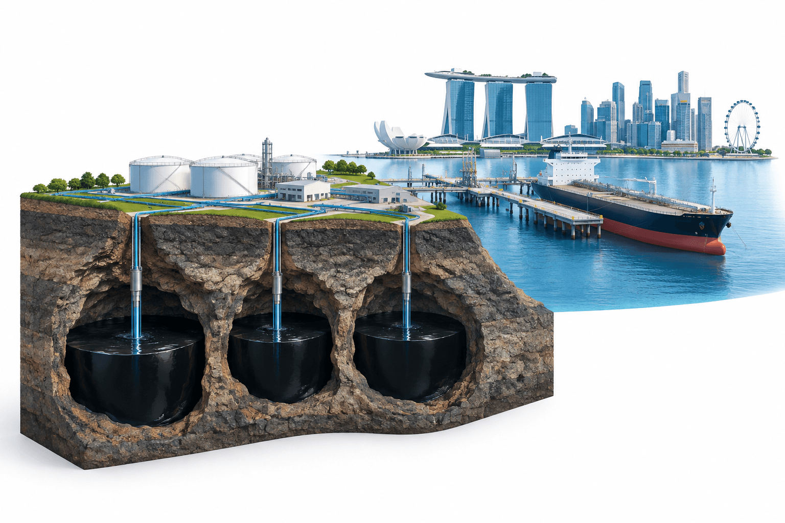 Concept illustration of Saudi crude storage in underground caverns near a Singapore port