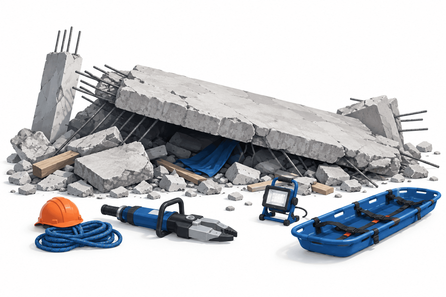 Illustration of debris and rescue equipment representing the Harsh Vihar collapse