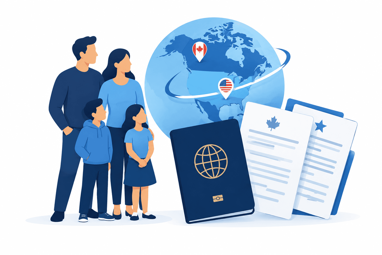 Cross-border citizenship illustration with a family, passport, documents and globe