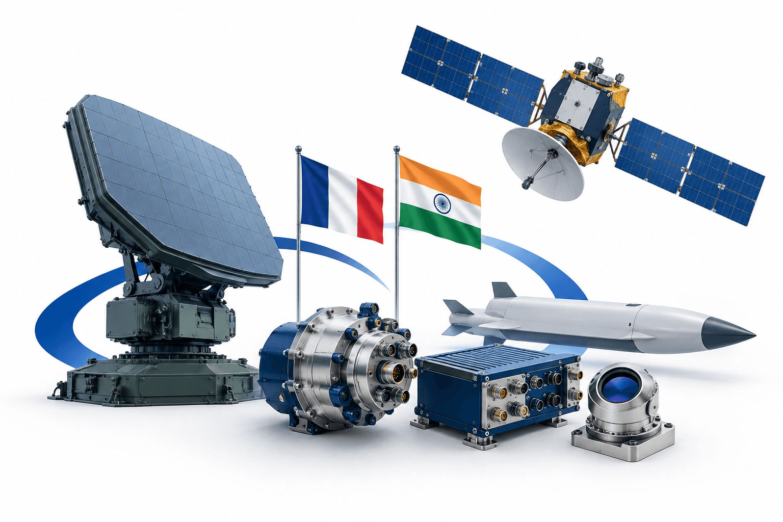 Illustration of radar, satellite and components representing the Thales India strategy