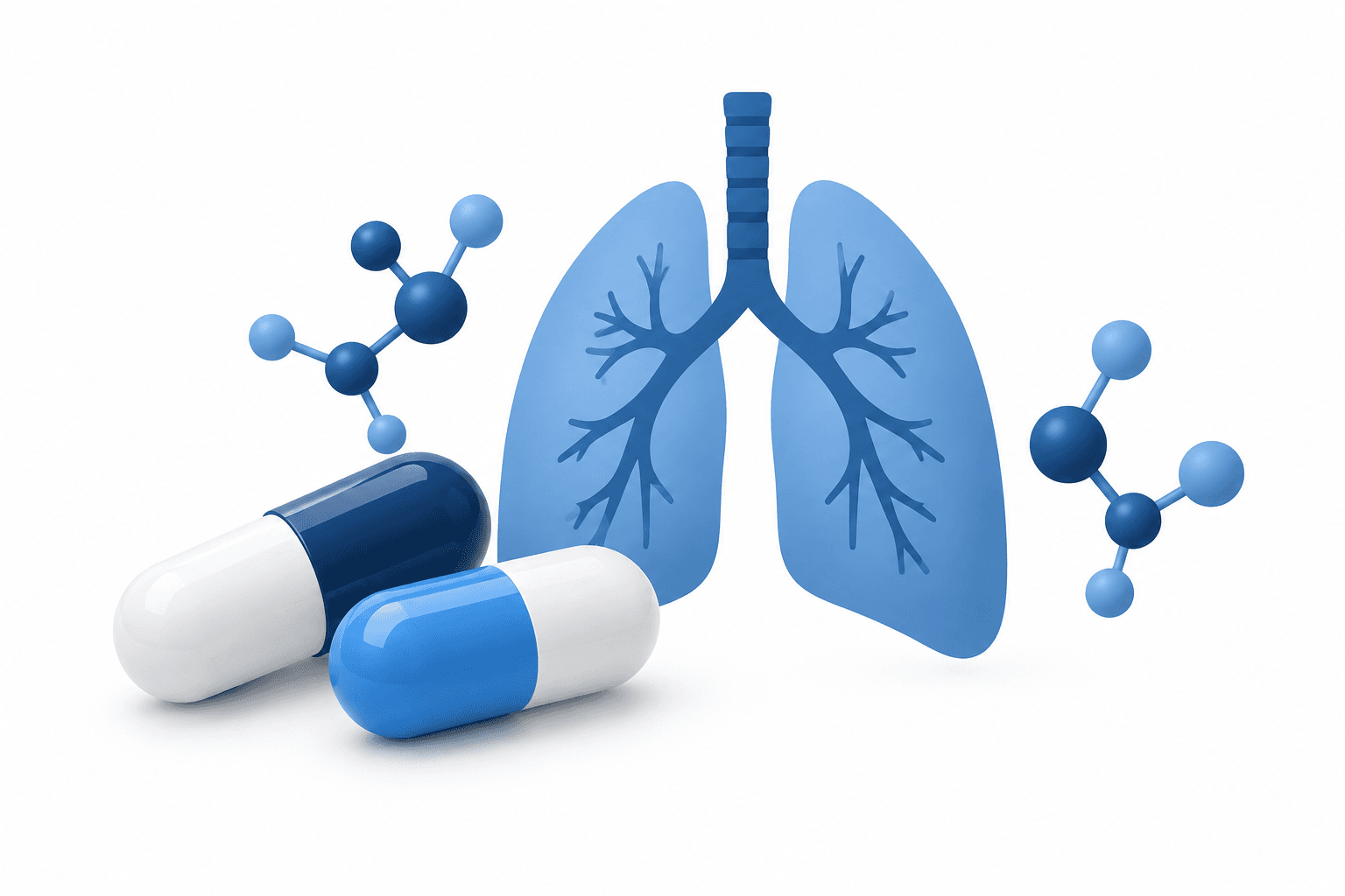 Illustration of medicine capsules and a lung silhouette representing the HUTCHMED trial