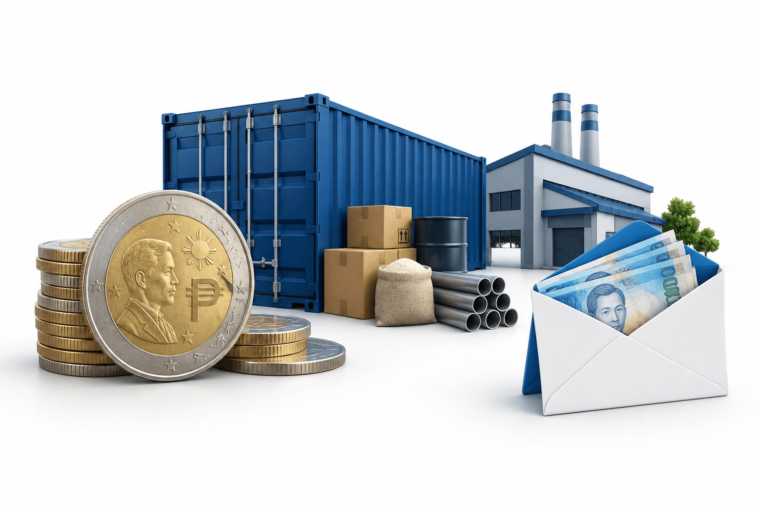Illustration of Philippine peso coins, a factory, shipping container and remittance envelope
