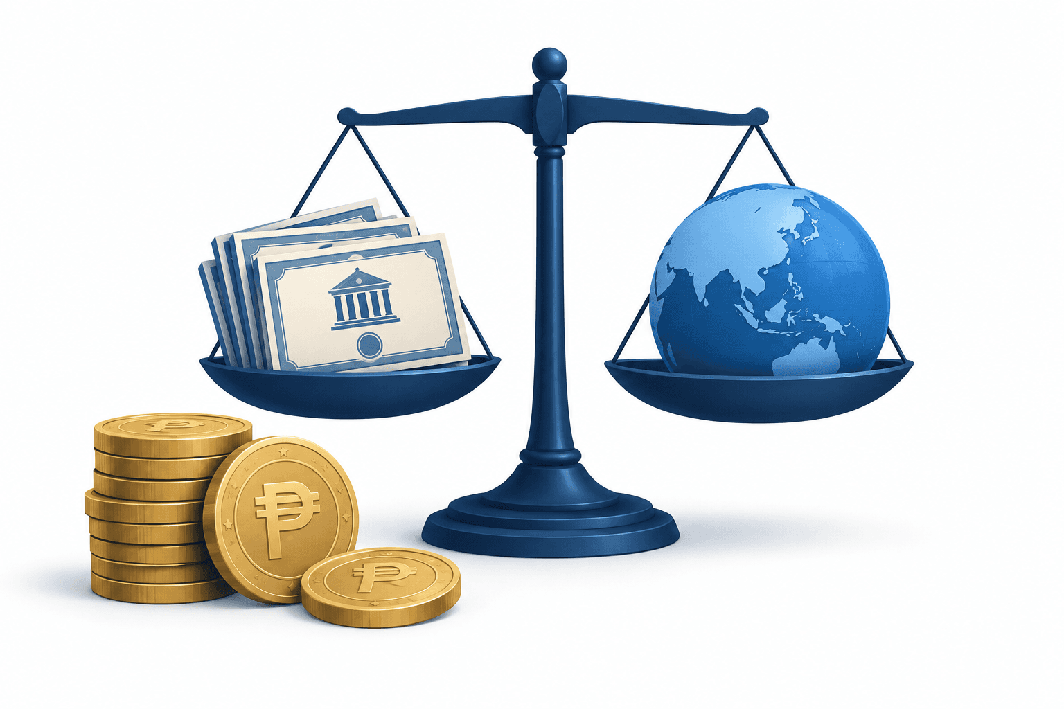 Illustration of Philippine government borrowing with peso coins, bonds and a globe on a balance scale