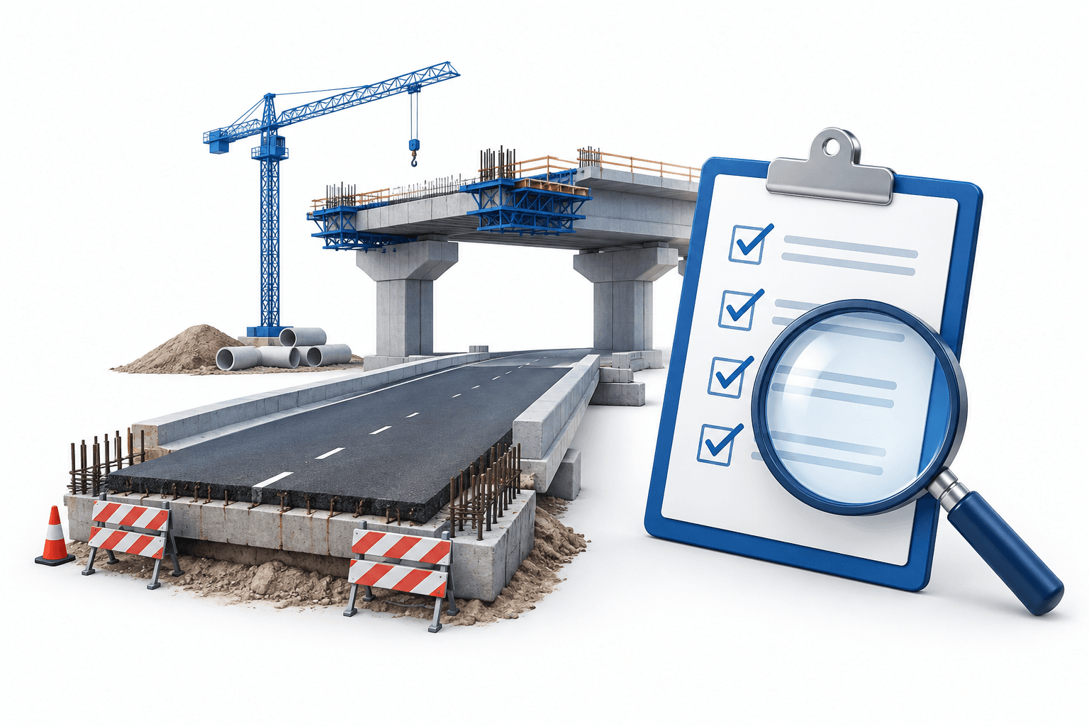 Concept illustration of Philippine infrastructure spending oversight with a road, bridge and checklist