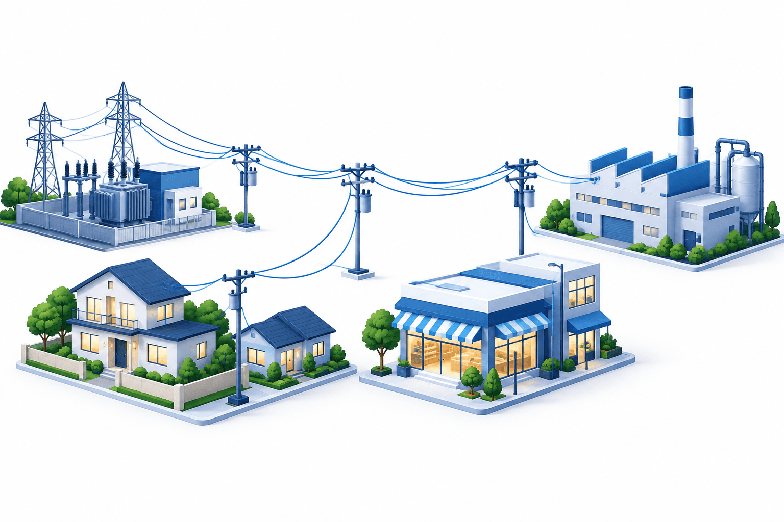 Illustration of Meralco energy sales connecting homes, shops and a factory to an electricity network.