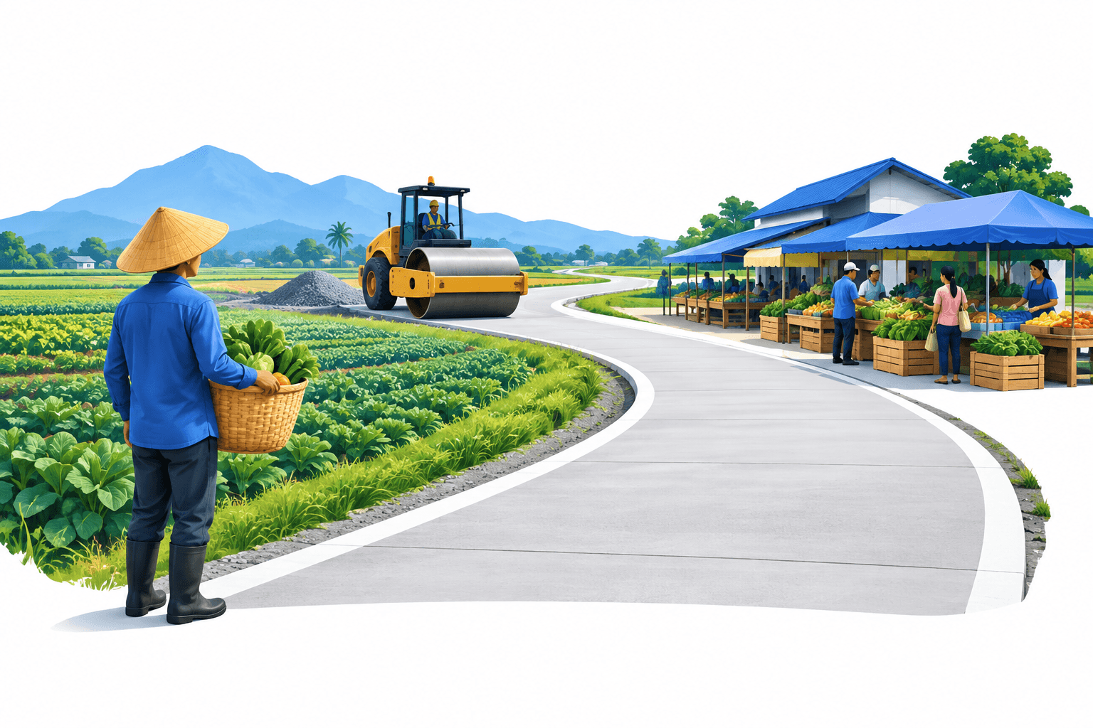 Illustration of Philippine farm roads connecting farmland to a market