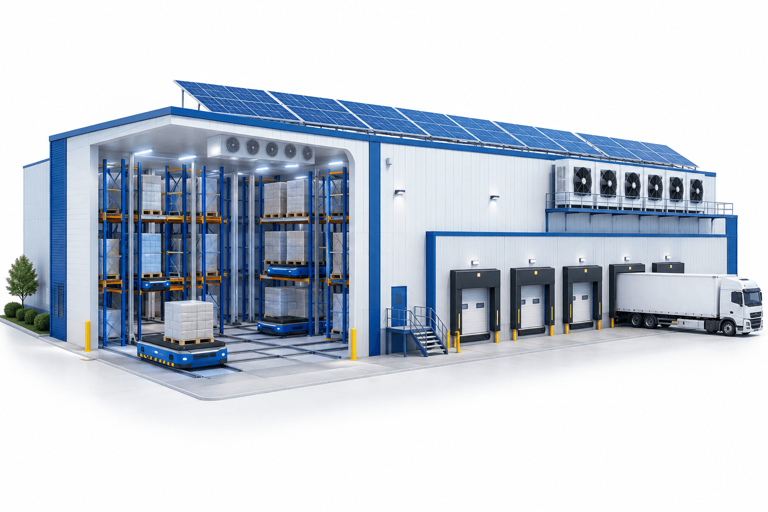Illustration of an automated cold storage facility with pallet shuttles and rooftop solar panels