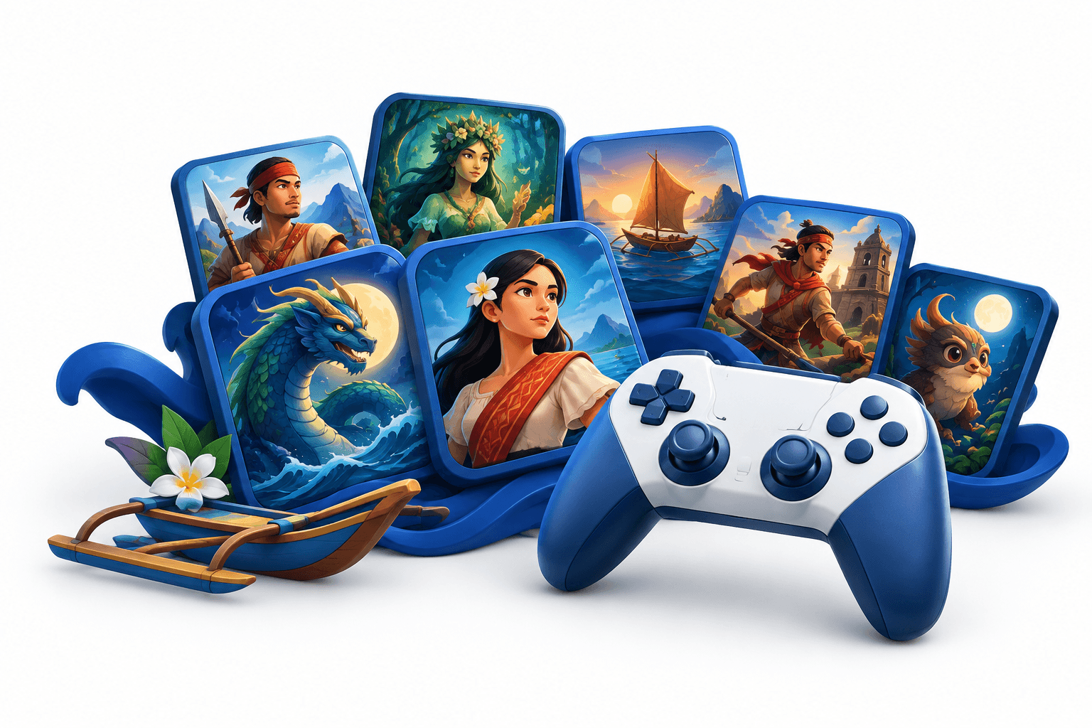Illustration of DigiPlus games as folklore-inspired digital game tiles and a controller