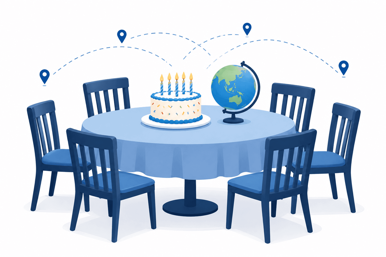 Illustration of a cake and globe representing Philippine birthday celebrations across distances