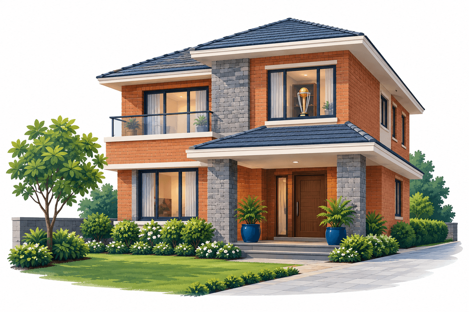 Concept illustration of a Bengaluru bungalow with a garden and cricket trophy