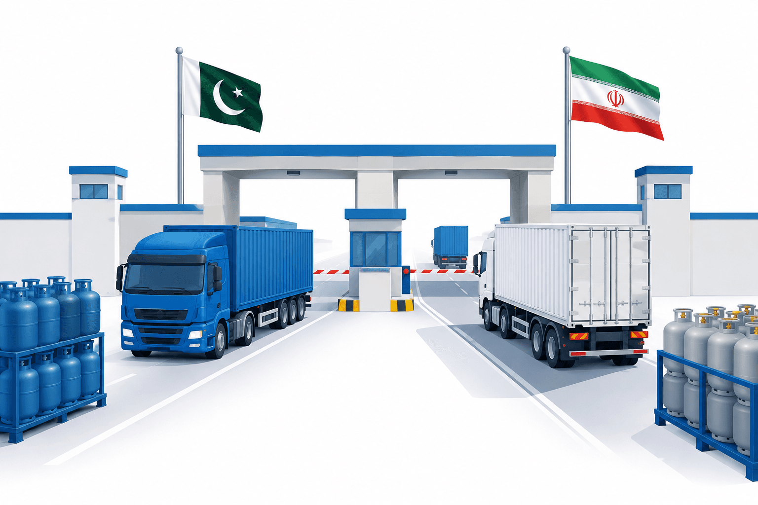 Concept illustration of trucks and LPG cylinders at the Pakistan-Iran border