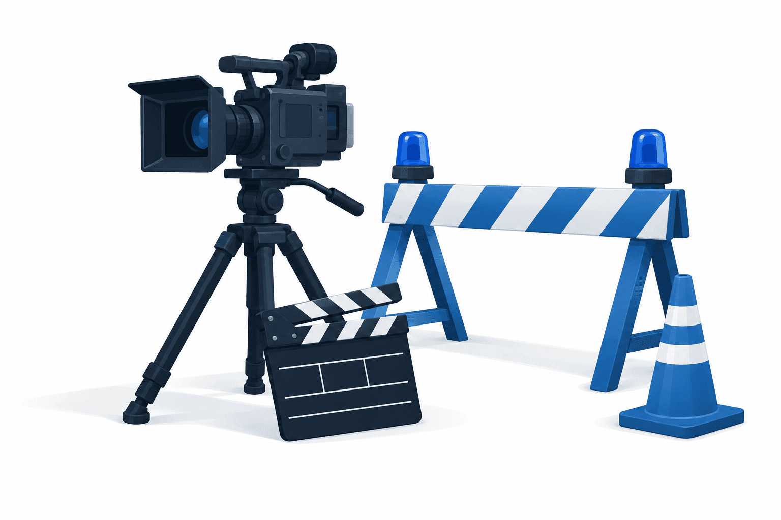 Illustration of a film camera and police barrier representing the Miami Vice filming disruption