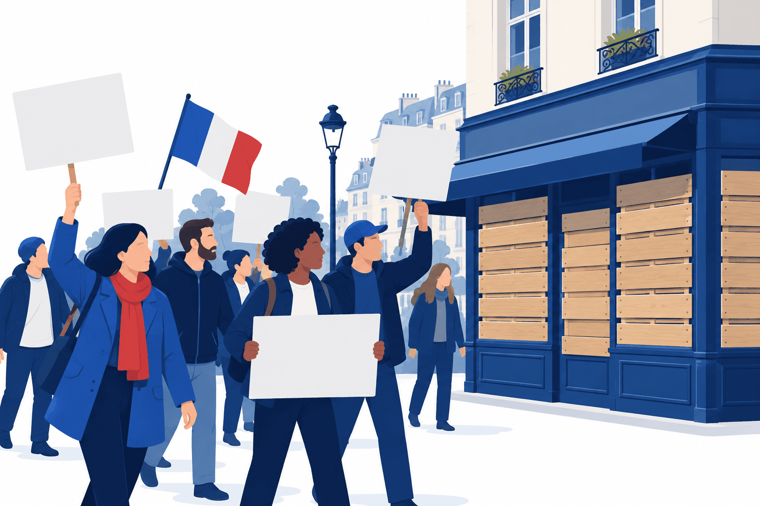 Concept illustration of France cost-of-living protests near a boarded storefront