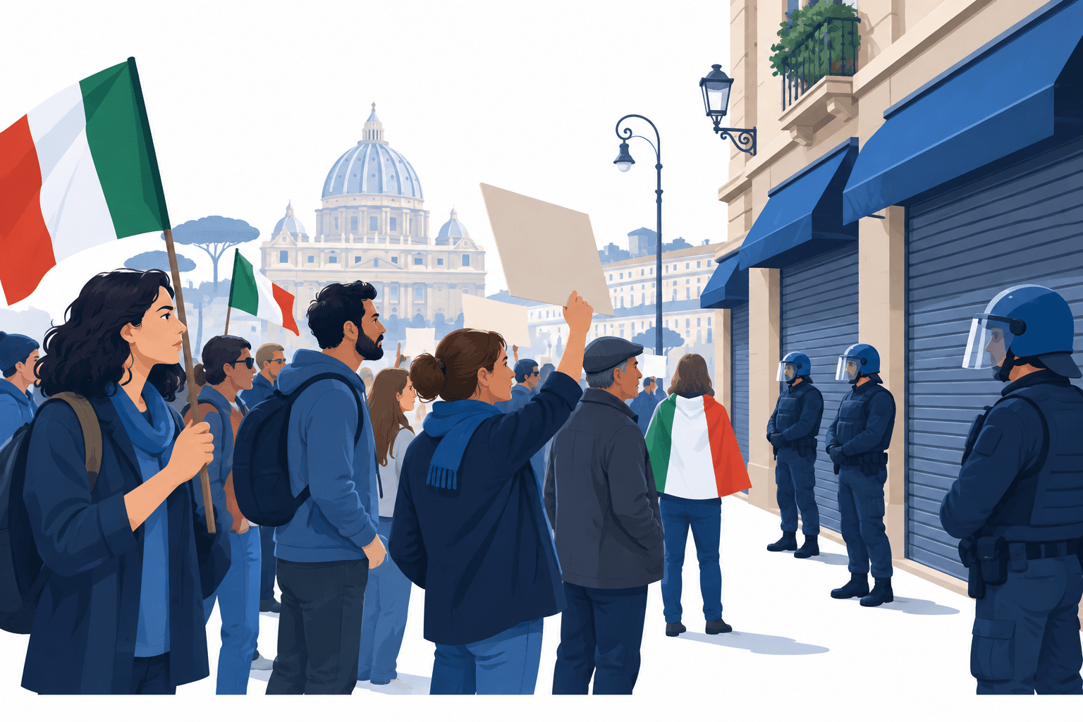 Concept illustration of Italy protests near closed shops and police