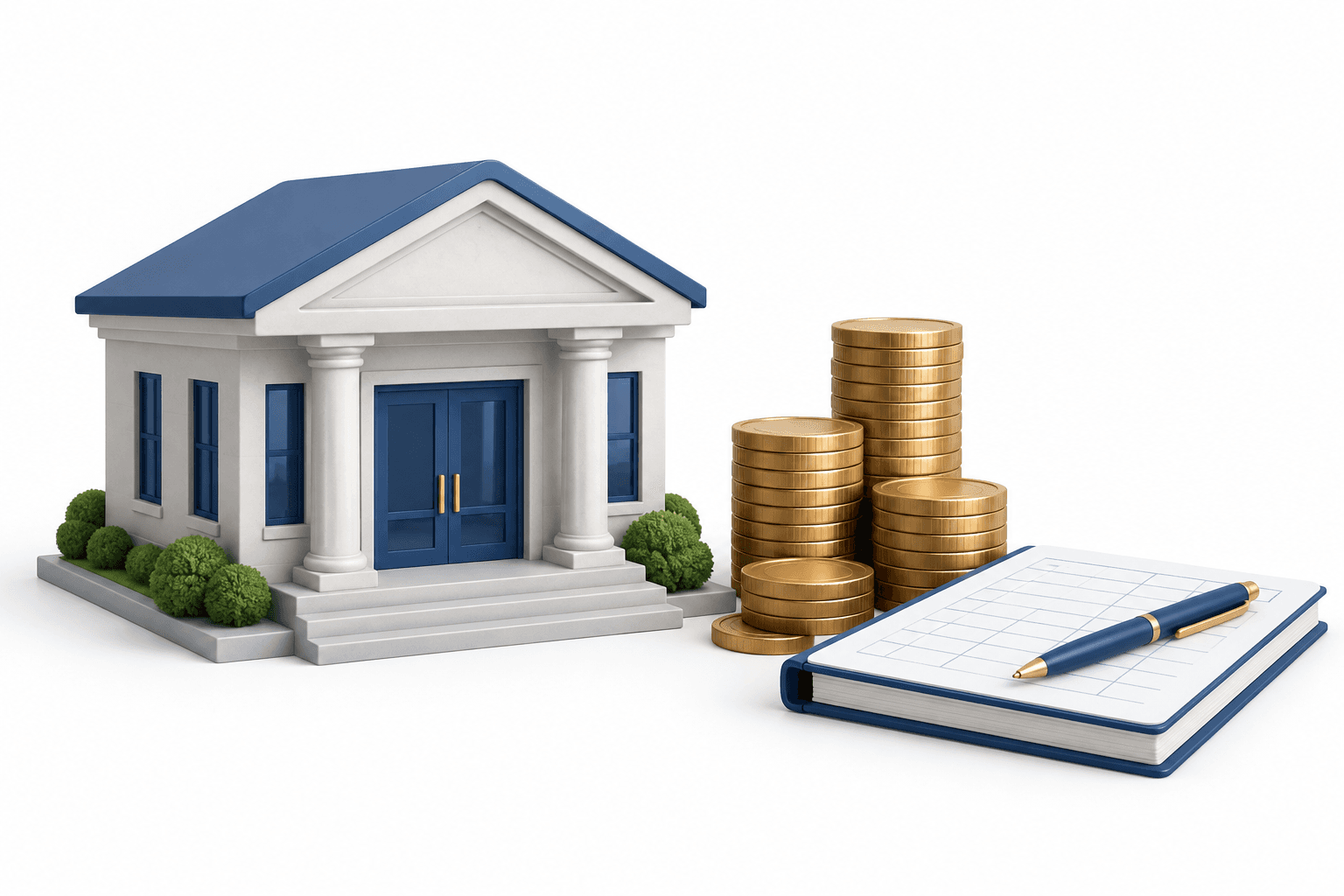Illustration of a community bank and coins representing Home Federal earnings