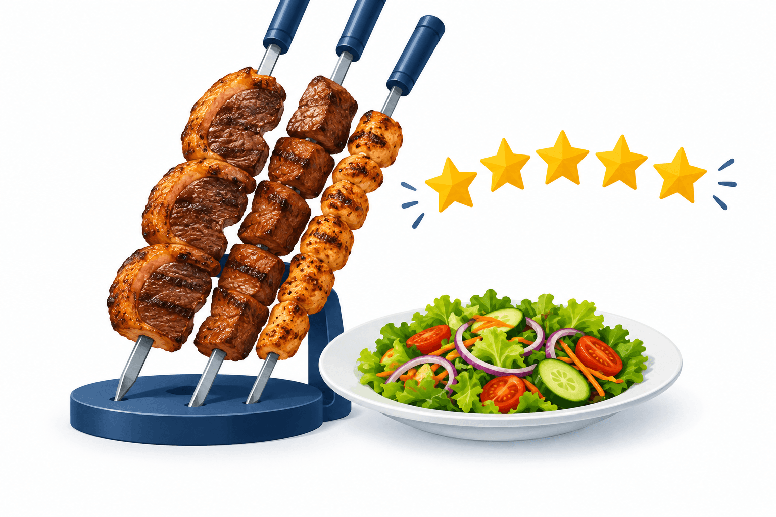 Illustration of grilled meat, salad and review stars representing the Elk Grove restaurant
