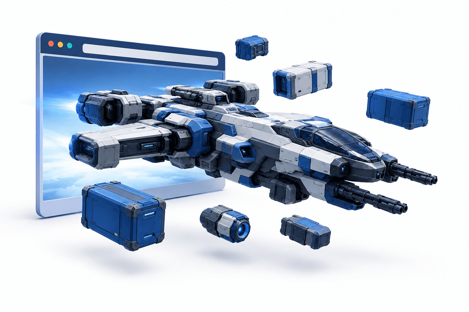 Illustration of a modular gunship emerging from a browser window for the Citadel closed beta