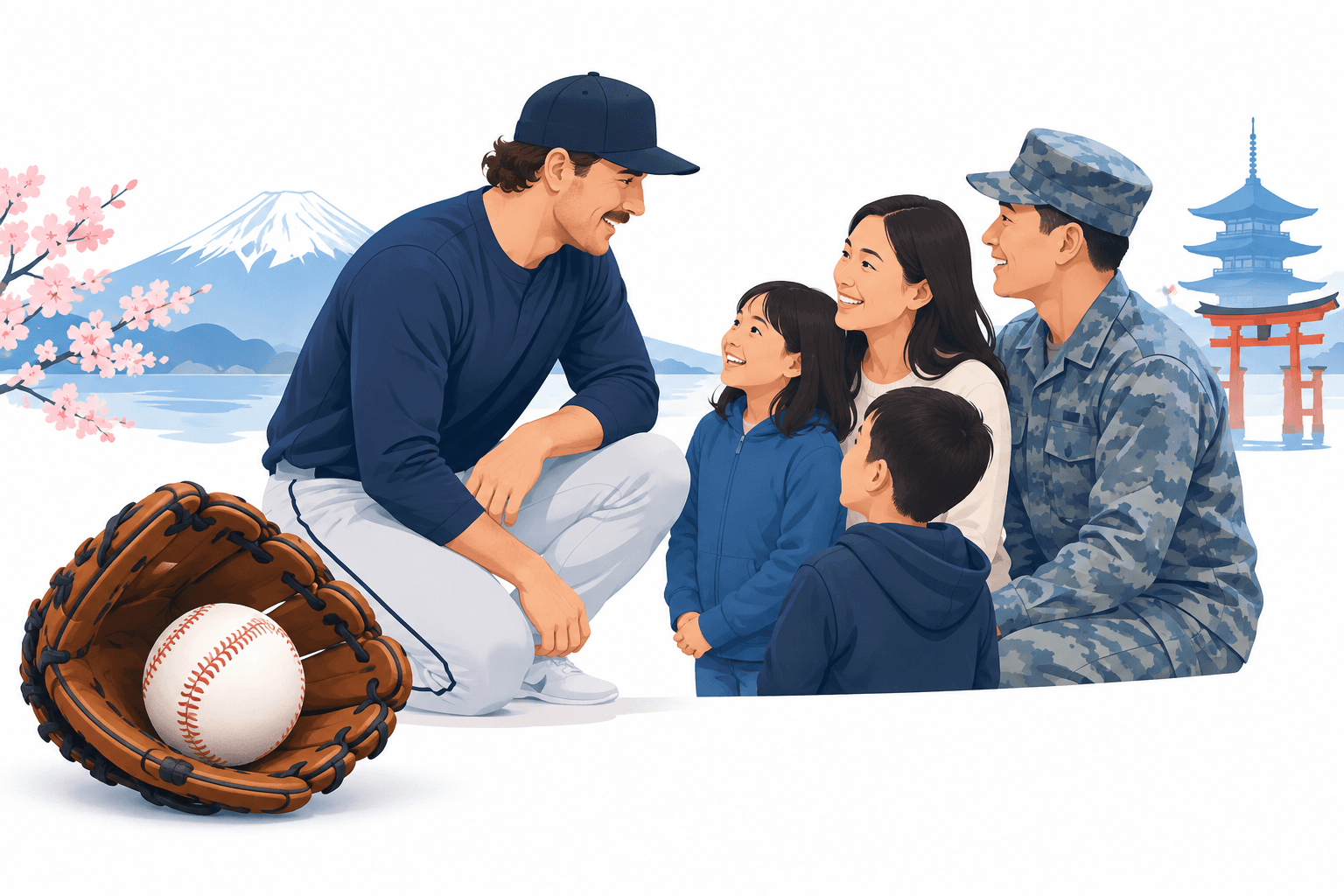 Illustration of a baseball and military families representing Paul Skenes visiting Japan