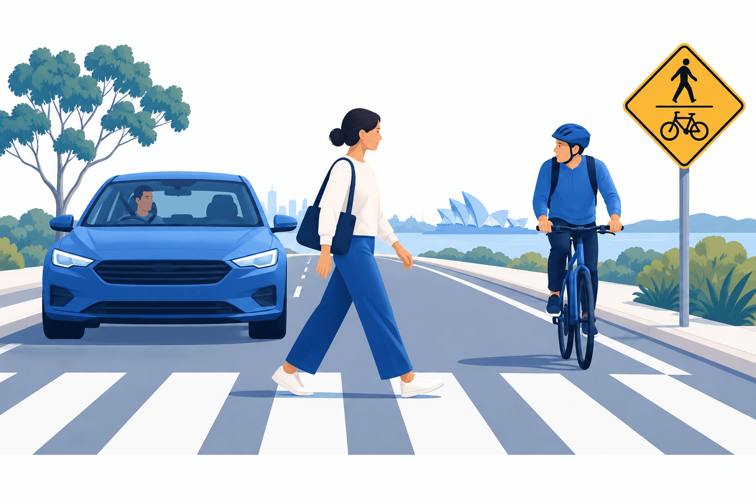 Illustration of a pedestrian crossing and vehicles representing Australia road deaths and road safety
