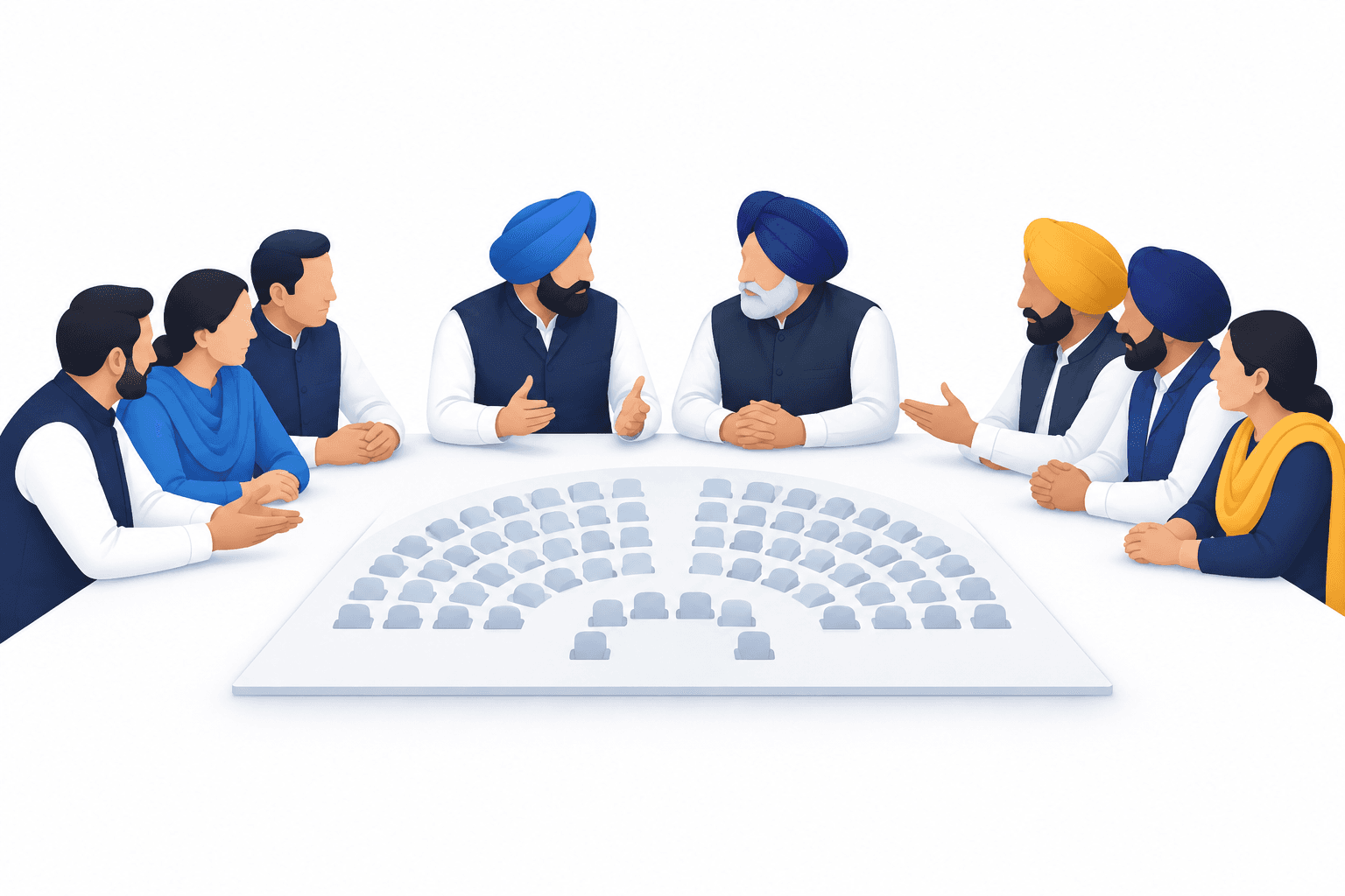 Illustration of Punjab alliance talks represented by groups discussing assembly seats