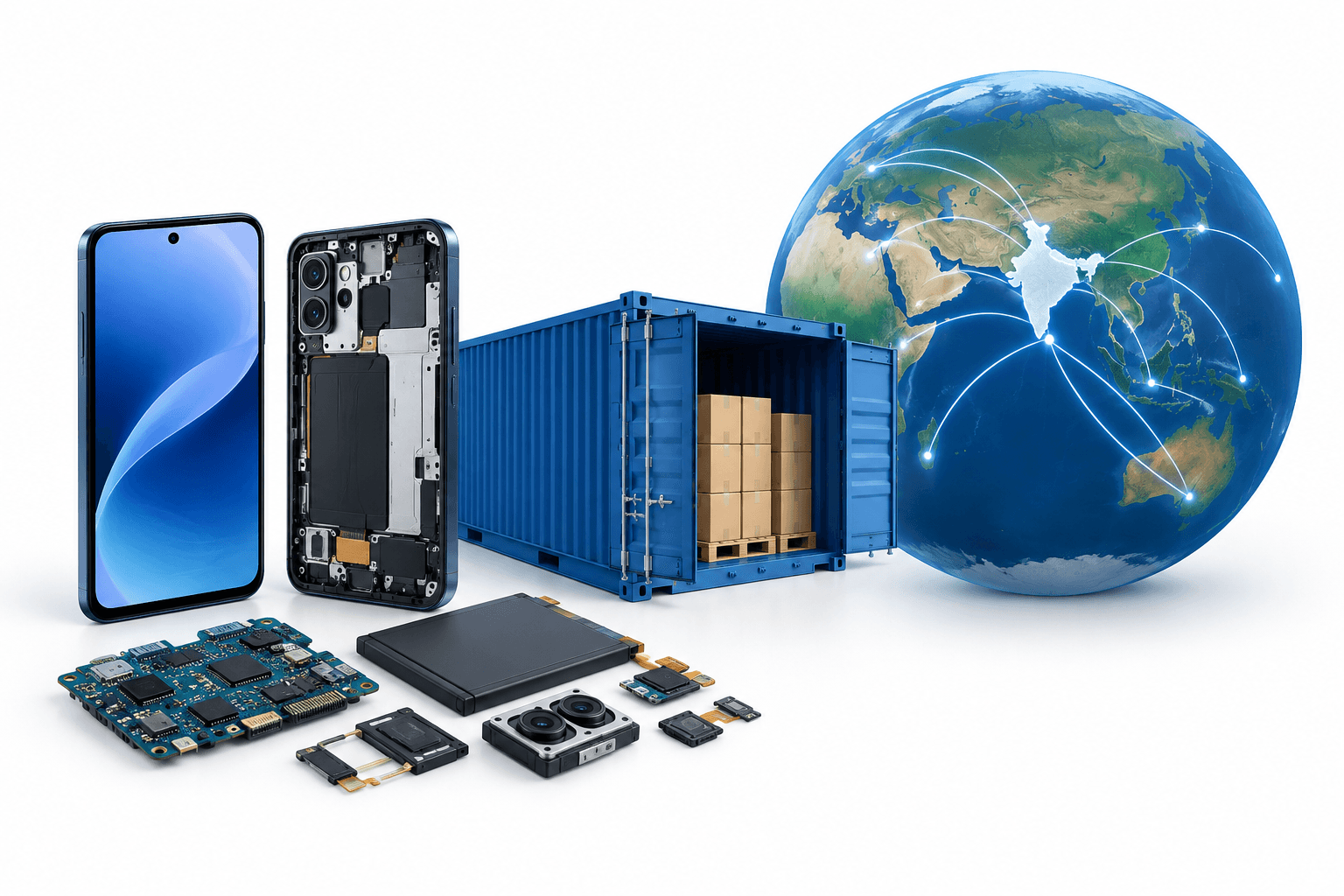 Illustration of Tata Electronics exports with smartphone components, a shipping container and a globe