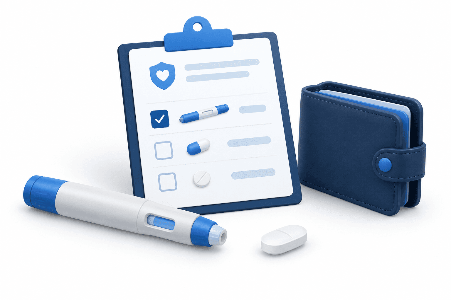 Illustration of GLP-1 coverage options with a medicine pen, pill, benefits form and wallet