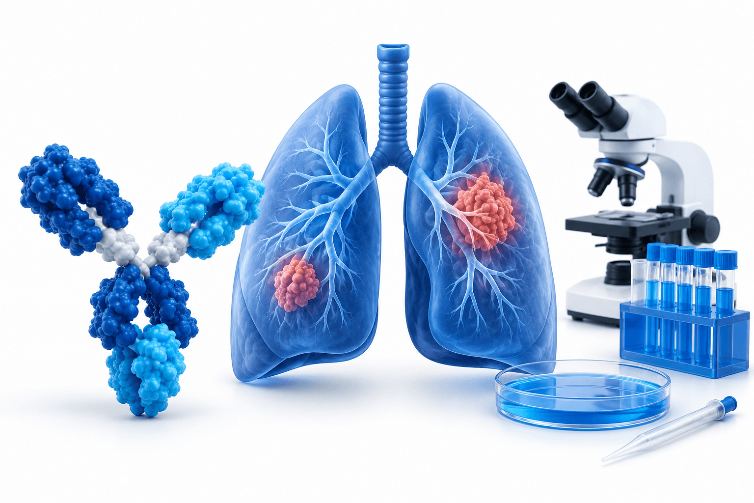 Illustration of lungs and an antibody representing the 3SBio lung cancer trial