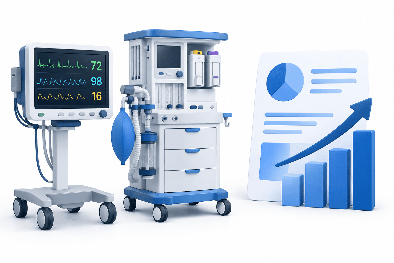 Illustration of patient monitoring equipment and a report representing GE HealthCare earnings