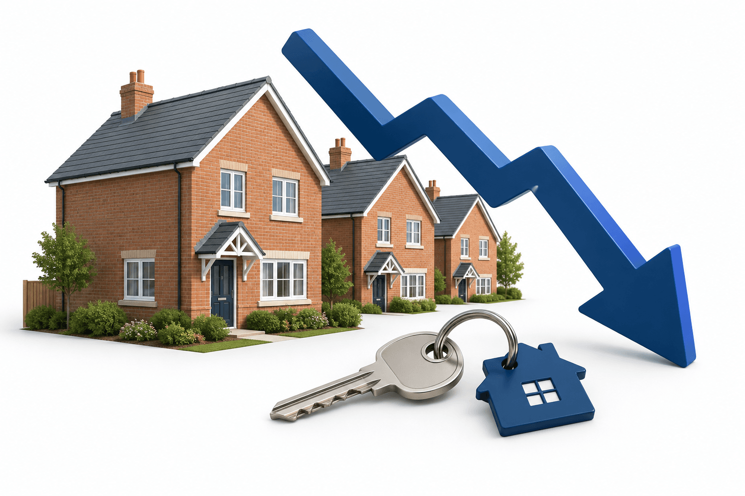 Illustration of British homebuilder shares falling, with new-build houses and a downward arrow