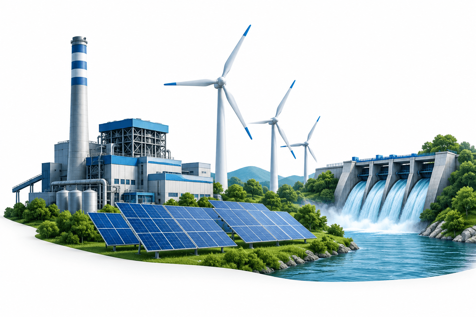 JSW Energy earnings illustration with thermal, wind, solar and hydroelectric power facilities