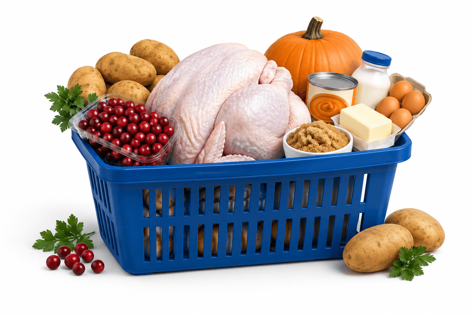 Illustration of a Walmart holiday basket with turkey and seasonal meal ingredients