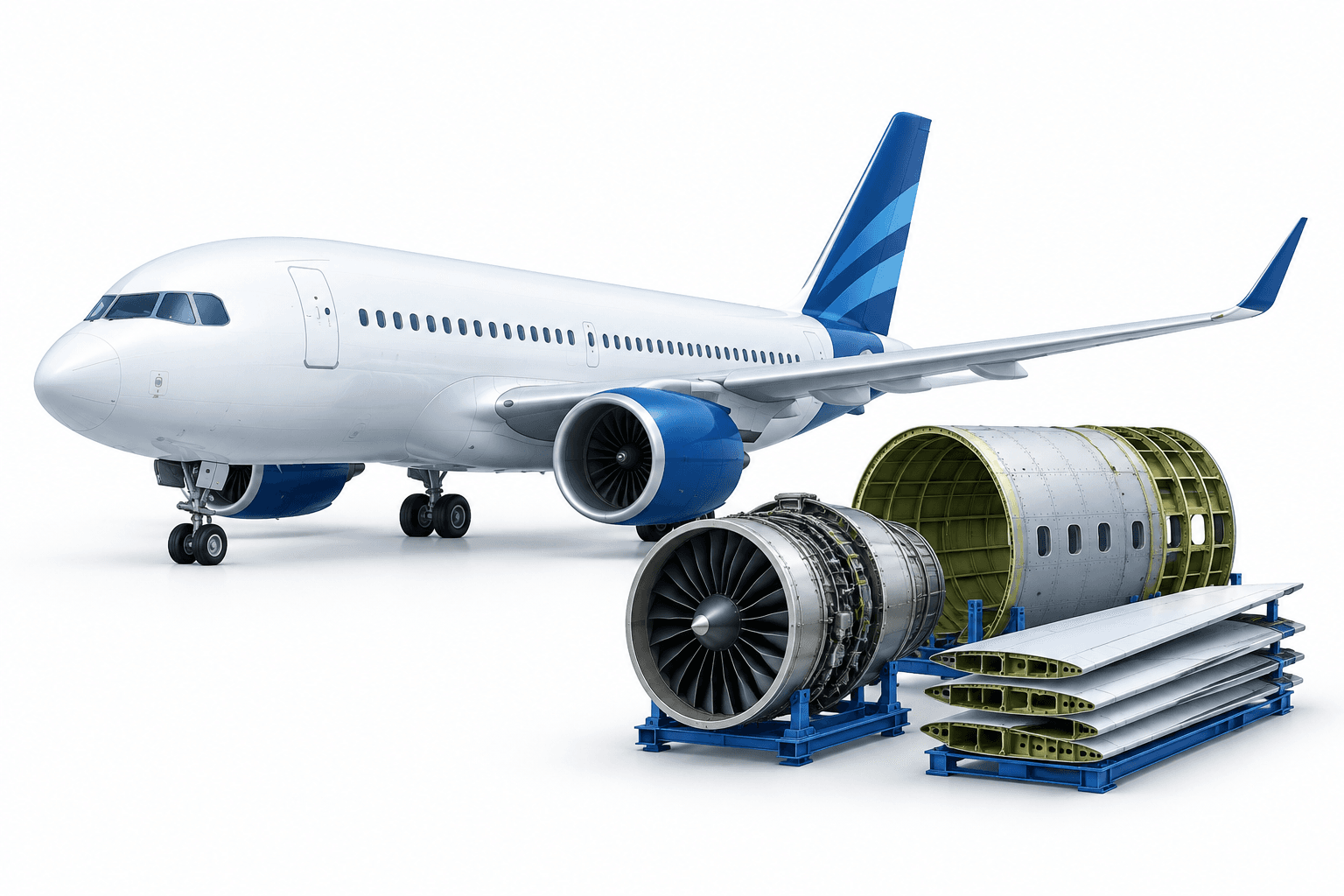 Airbus earnings illustration showing a commercial aircraft and production components