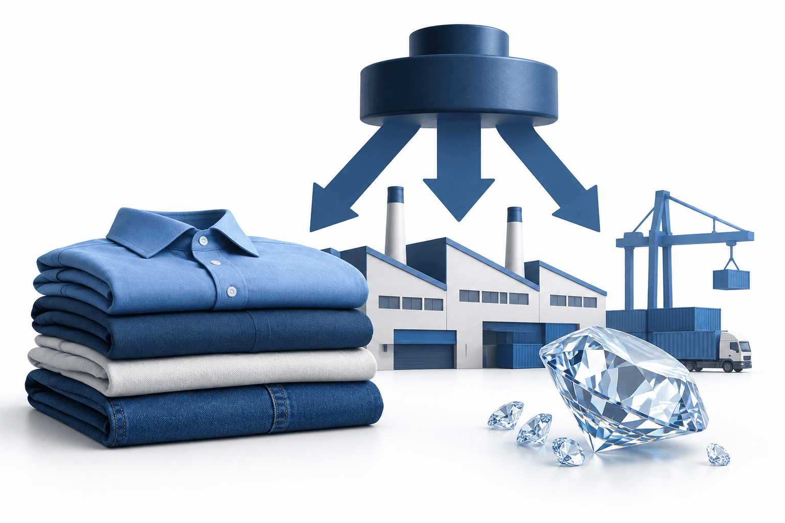 Illustration of garments, a diamond and factories representing the India export slowdown
