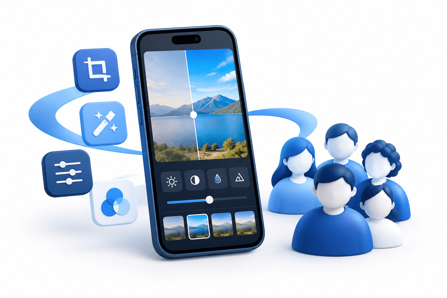 Illustration of Meitu subscribers and photo editing tools on a smartphone