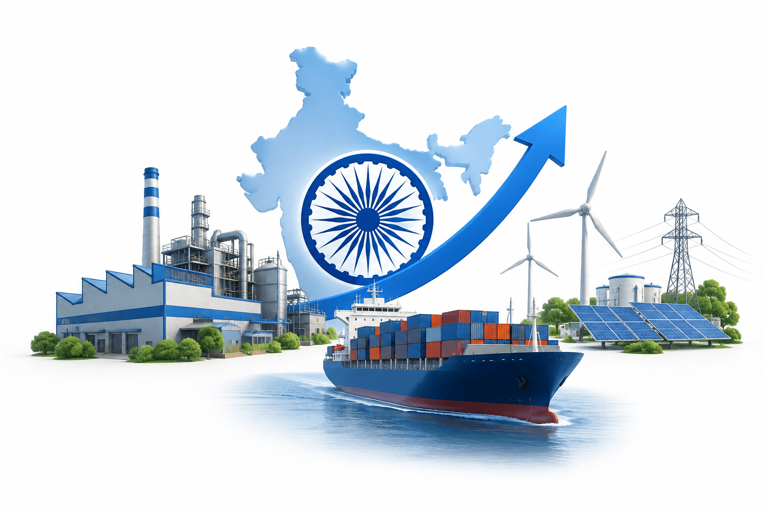 Illustration of industry, shipping and energy infrastructure representing India GDP growth