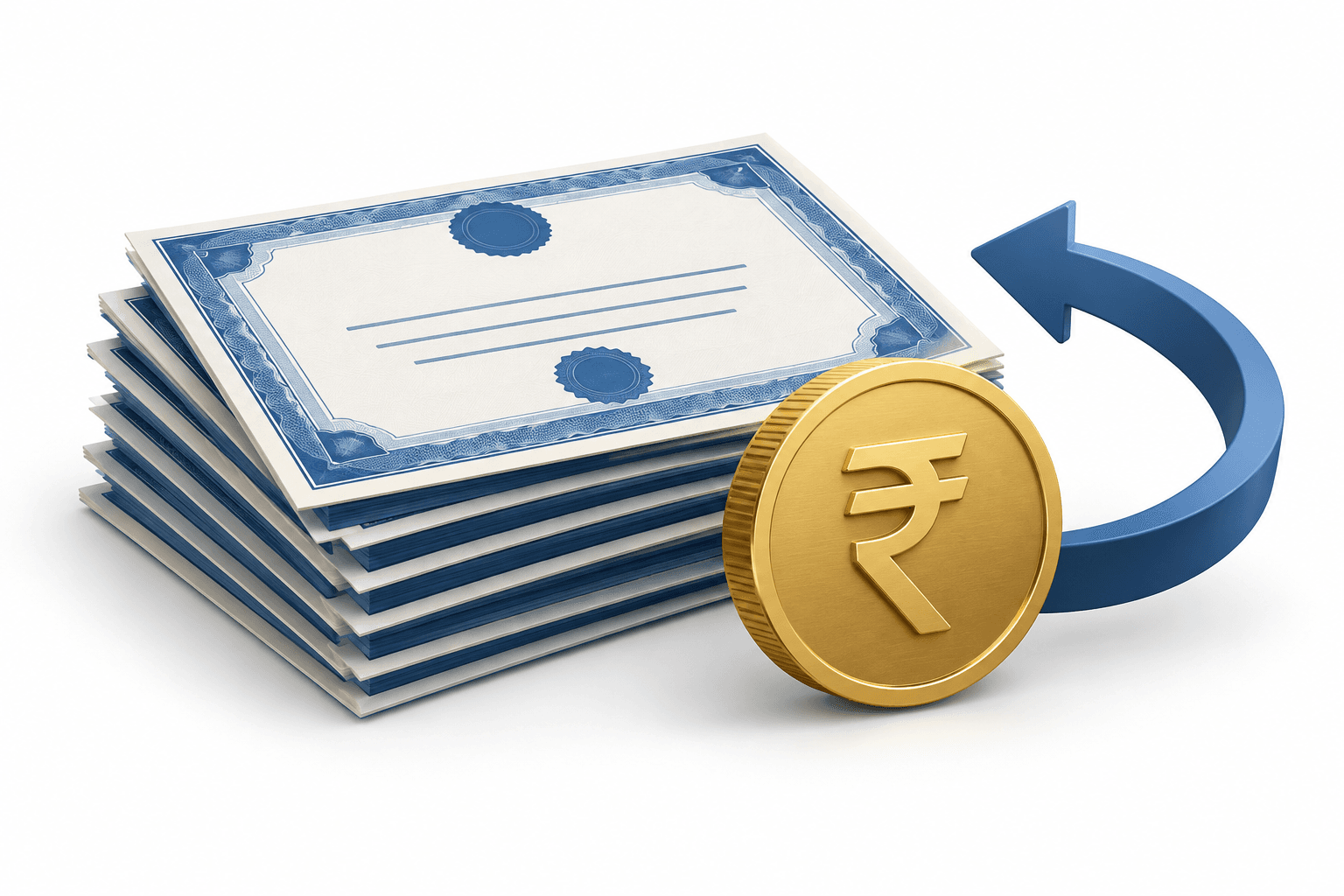 Illustration of bond certificates and a rupee coin representing SP Group financing