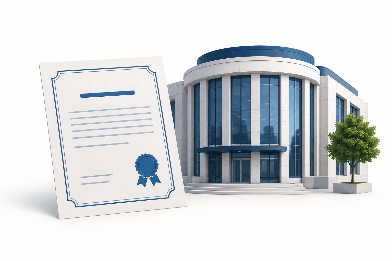 Illustration of an SCA bond represented by a paper certificate beside an exchange building and a tree.