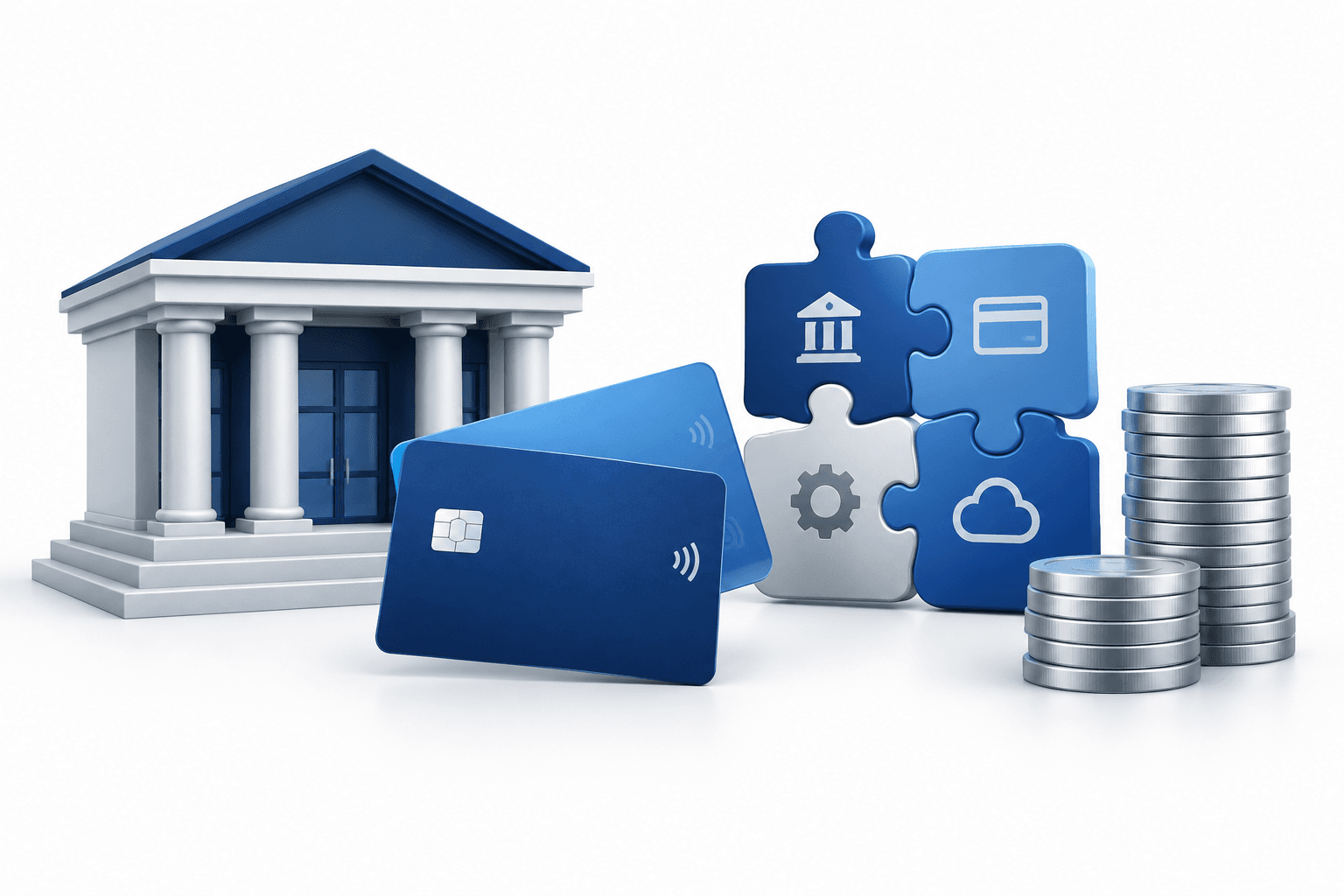 Capital One earnings illustration with a bank, payment cards and interlocking integration components.
