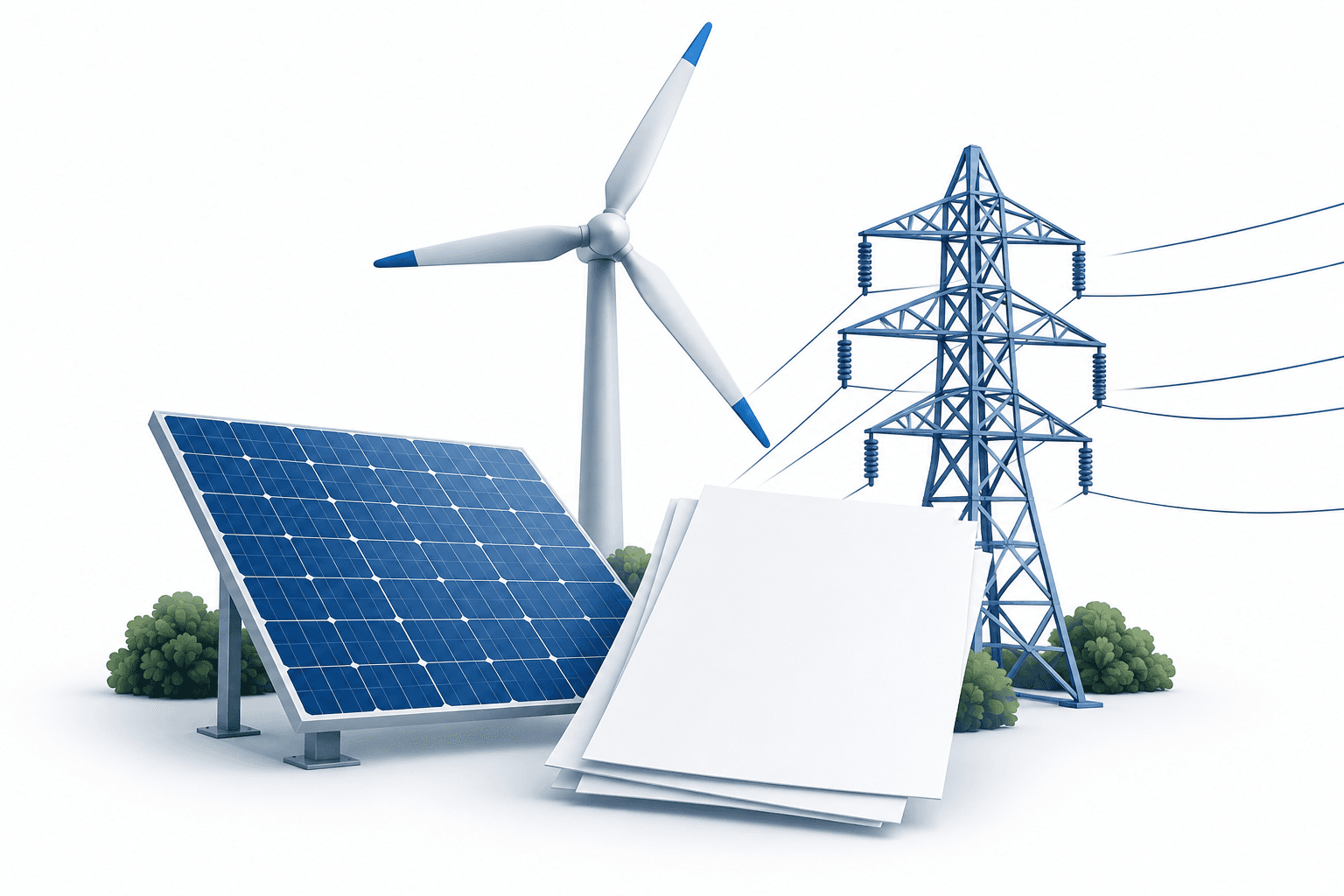 NextEra earnings concept illustration with renewable energy equipment, transmission infrastructure and blank financial documents.