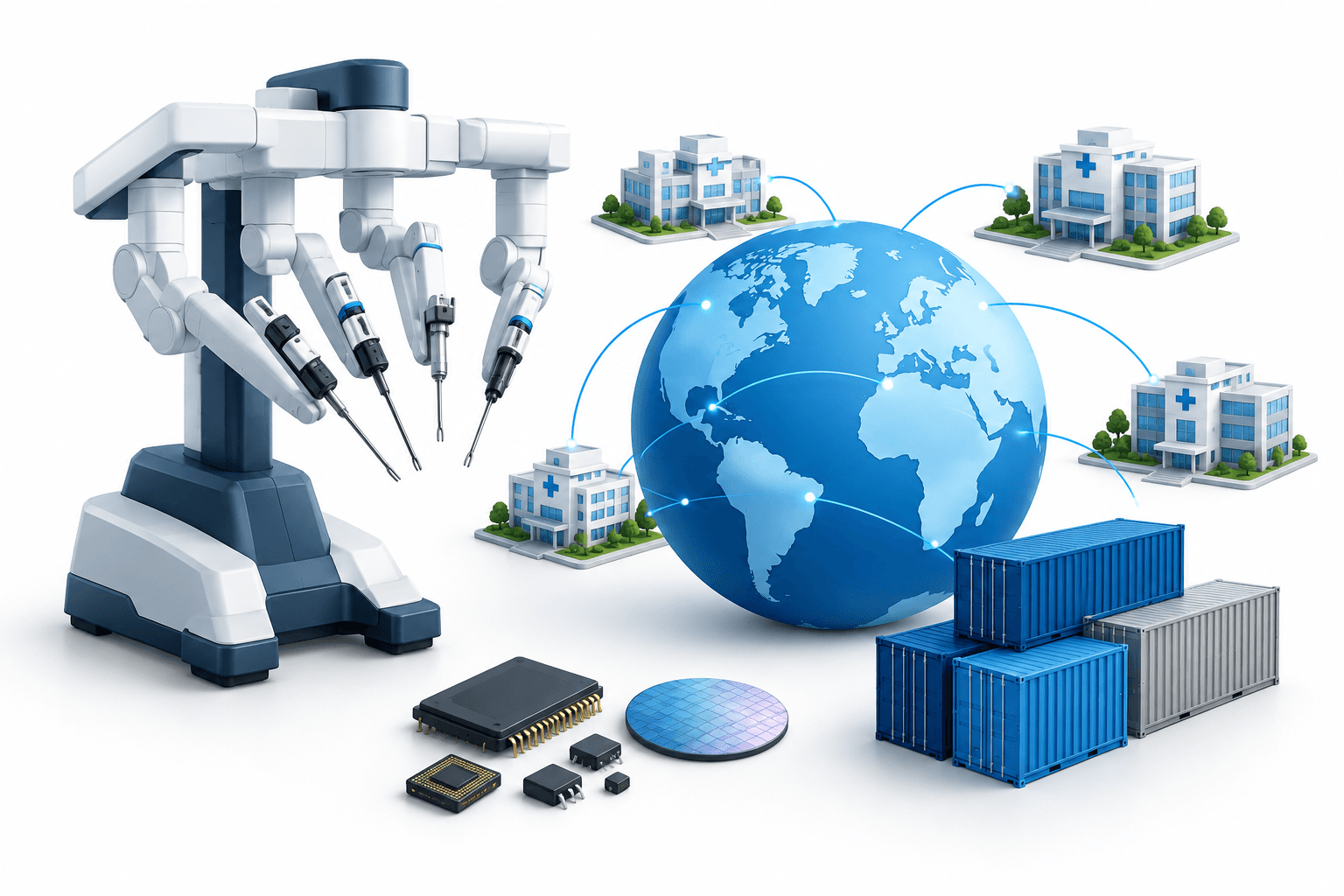 Intuitive Surgical concept illustration showing a robotic surgical arm, global hospital adoption and supply-cost components.